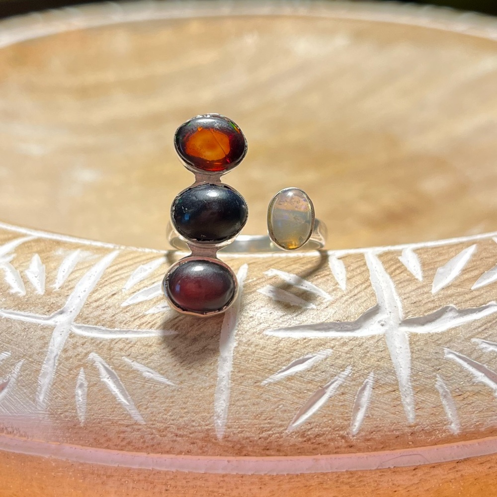 White Ethiopian Opal & Black Opal 925 Sterling Silver Four Stone Open Ring